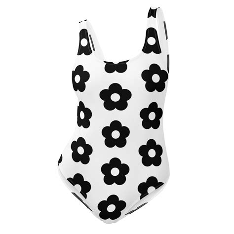 60s 70s Floral One Piece Swimsuit Retro Hippie Mod Geometric Black And