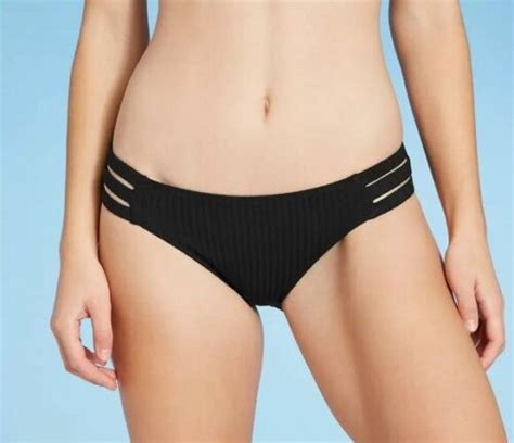 Women S Ribbed Strappy Side Cheeky Bikini Bottom Shade Shore Black