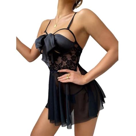 Lingerie Sexy En Dentelle Babydoll Avec String Dentelle Col V Nuisette