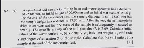 Solved A Cylindrical Soil Sample For Testing In An Odometer Chegg