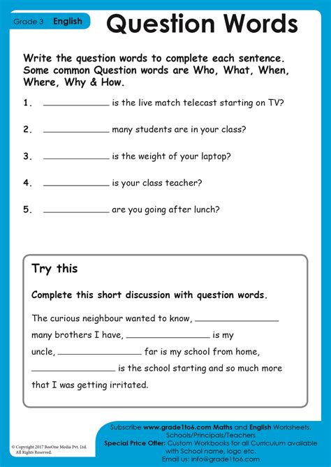 Question Word Worksheet Grade1to6 Worksheets Library