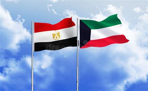 Kuwait And Egypt Flags Together Waving Against Blue Sky Stock