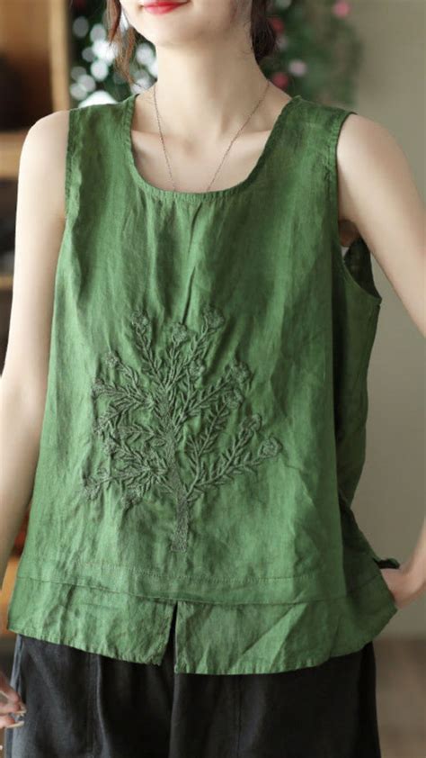 Beautiful Green O Neck Embroideried Patchwork Side Open Linen Vest