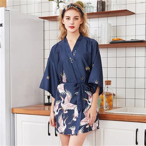 Kimono Satin Bleu Marine Peignoir Original