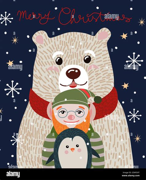 Christmas Card With Cute Polar Bear In A Red Scarf Vector Cartoon Flat