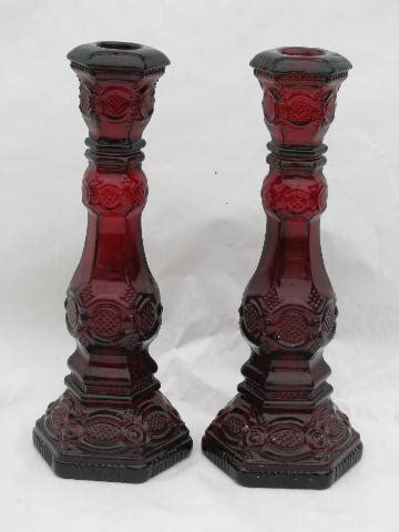 Lot Vintage Avon Ruby Red Cape Cod Glass Tall Candlesticks Vases