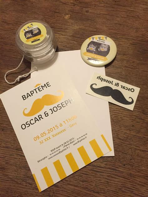 Baptême Moustache jumeaux invitation faire part badges magnets yoyo