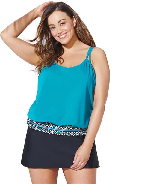 Swimsuits For All Womens Plus Size Loop Strap Blouson Tankini Set With