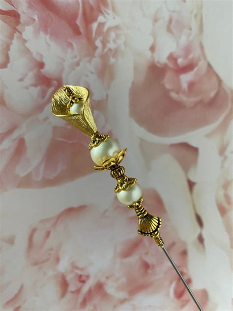 Hatpin Gold Calla Lily And Pearl 9 5 Long Sturdy Stick With Cap To Wear