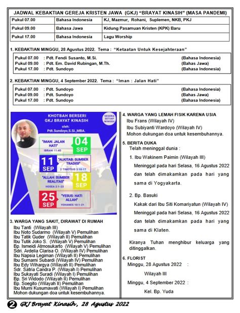 Warta Jemaat 28 Agustus 2022 Gereja Kristen Jawa Brayat Kinasih