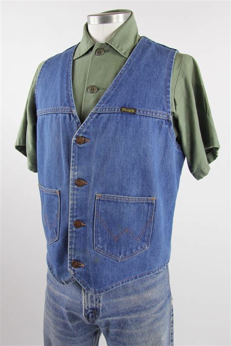 70s Wrangler Vest Vintage Denim Blue Jean Vest Size Medium