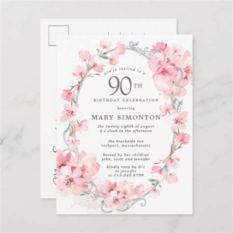 Blush Pink Cherry Blossom Floral 90th Birthday Invitation Postcard Zazzle