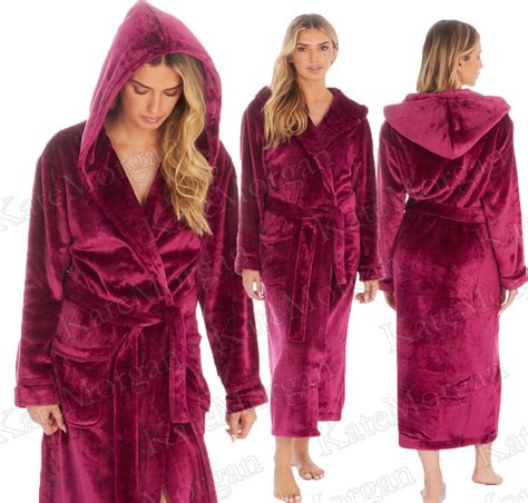 Ladies Dressing Gown Long Length Luxury Shimmer Fleece Hooded Gown New