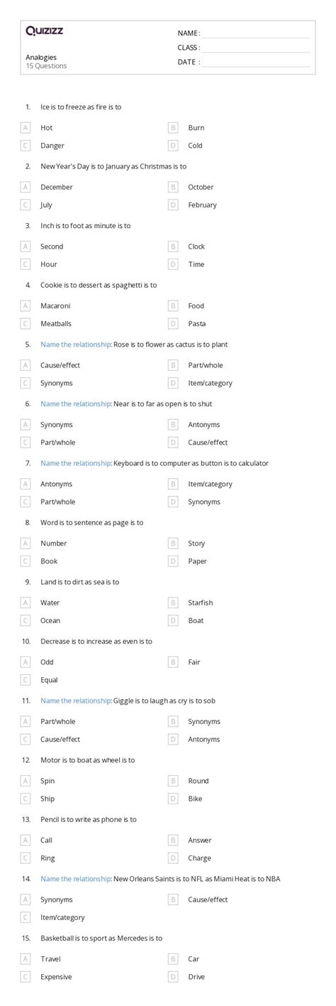 50 Analogies Worksheets For 7th Grade On Quizizz Free And Printable