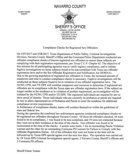 Compliance Checks For Registered Sex Offenders 02092017 Press Releases Navarro County