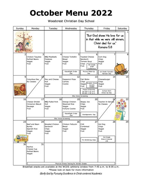 Monthly Lunch Menu - Woodcrest Christian School System