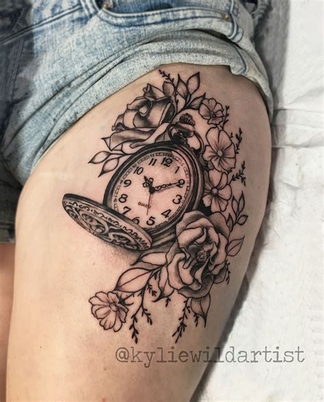 Pocket Watch And Roses Tattoo Watch Tattoos Thigh Tattoo Designs