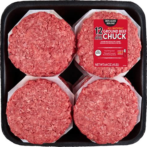 All Natural 80 Lean20 Fat Ground Beef Chuck Patties 12 Count 4 Lb