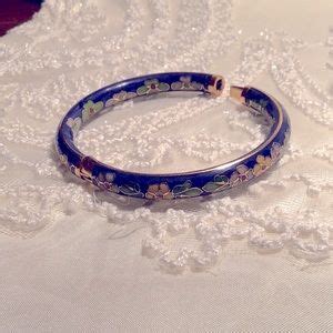 Jewelry Cloisonn Royal Blue Gold Enamel Floral Pattern Hinged Bangle