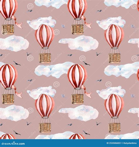 Retro Hot Air Balloons Vintage Style Watercolor Illustration Seamless