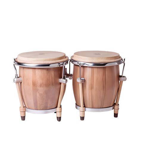 Pair of wooden bongo drums with metal accents, perfect for creating rhythmic percussion in music ...