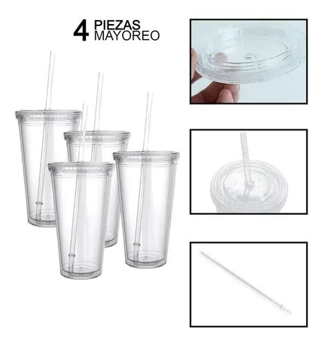 Vaso Acr Lico Oz Popote Doble Pared Pzas Transparente Mercadolibre