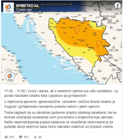 Oluja stiže u BiH Meteorolozi objavili gdje se očekuje grmljavinsko