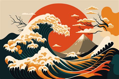 Big Ocean Wave With Sun Poster In Japanese Style Vector Illustration