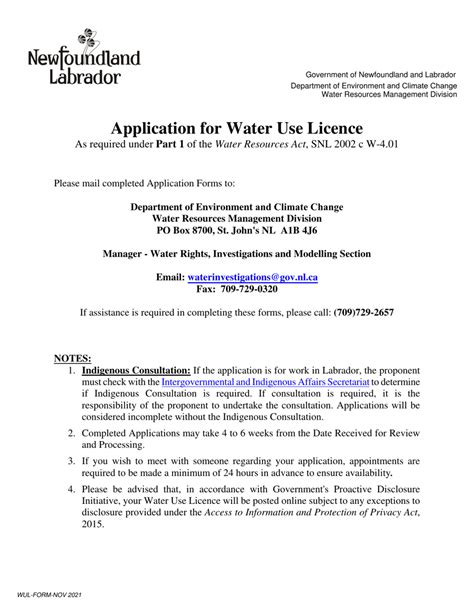 Newfoundland And Labrador Canada Application For Water Use Licence