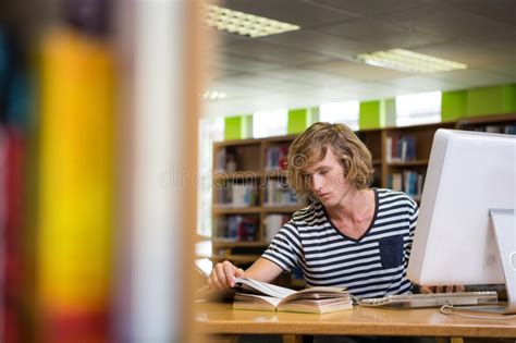 Estudante Que Estuda Na Biblioteca Computador Imagem De Stock