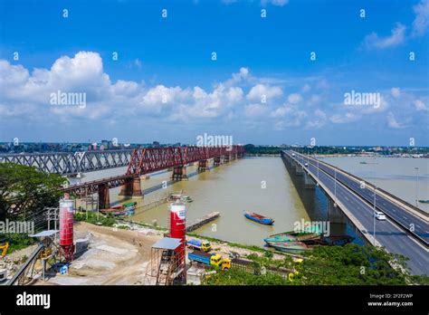 Aerial photo of Syed Nazrul Islam Bridge and two rail way bridges cross ...