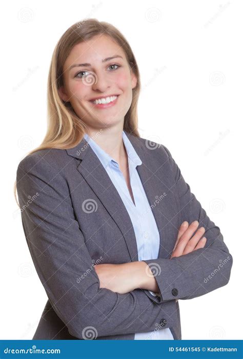 Blonde Businesswoman In A Blazer With Crossed Arms Stock Image Image Of European Consulting