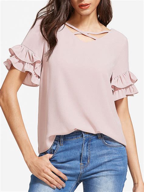 Crisscross V Neck Layered Ruffle Sleeve Top Shein Sheinside