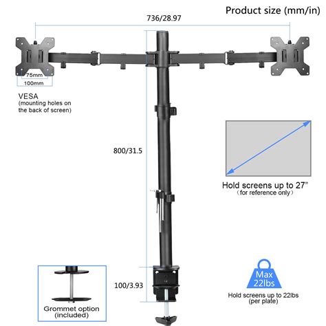 Dual Monitor Stand, Tall Monitor Arm Dual for 13-27 inch LCD LED PC Screens Ergonomic PC Monitor ...