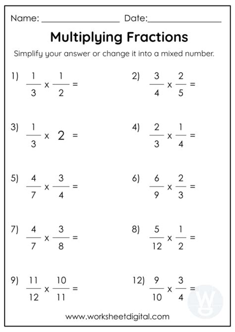 Multiplying Fractions Worksheet