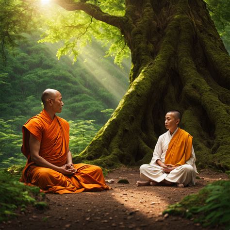 Buddhist monk and his student seated in a tranquil forest cl... by ...