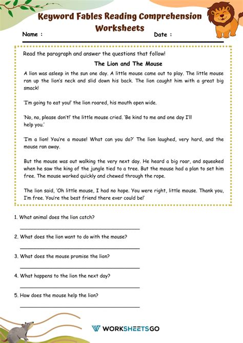 Fables Reading Comprehension Worksheets WorksheetsGO