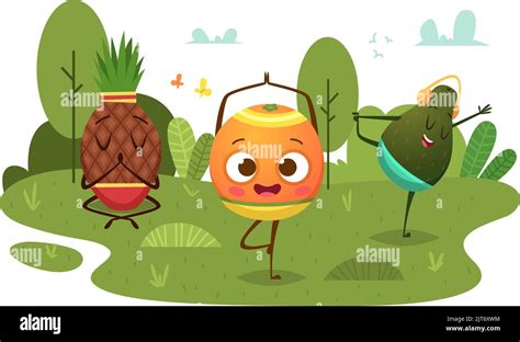 Fruits characters. Sport healthy fruits making exercises yoga relax ...