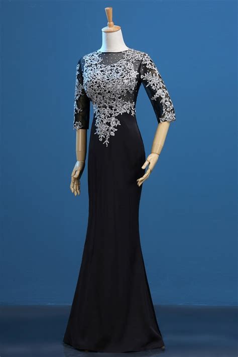 Fitted Illusion Neckline Black Satin Silver Lace Beaded Evening Dress With Sleeves