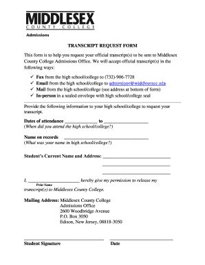 Fillable Online Middlesexcc Transcript Request Form Fax To When Did You