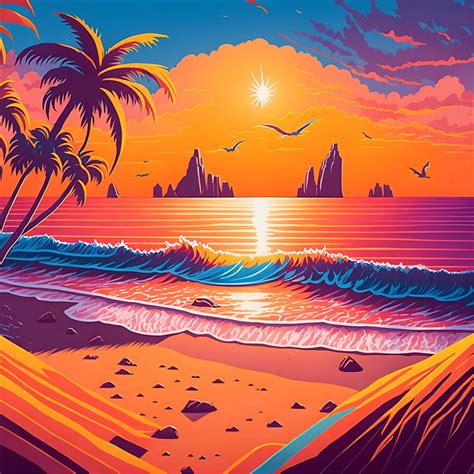 80s Retrowave Sunset Beach Poster Design Digital Art By Ryan Sukhraj