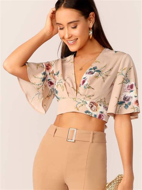 Shein Deep V Neck Flutter Sleeve Floral Print Crop Top Floral Print