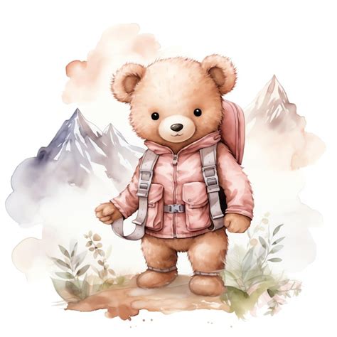 Linda Ilustra O De Clipart Em Aquarela De Beb Alpinista Teddy Ursinho