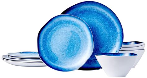 Buy Amazonbasics 12 Piece Melamine Dinnerware Set Service For 4 Blue