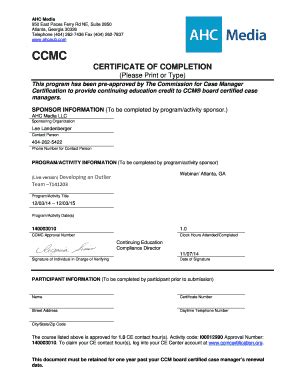 Fillable Online Ccmc Certificate Of Completion Please Print Or