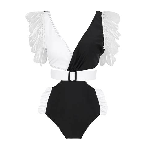 New One Piece Bikini Female Black And White Solid Color Stitching Sexy Halter Belt Swimsuit