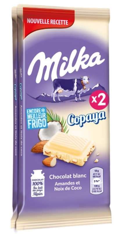 Chocolat blanc à l amande et à la noix de coco copaya Milka 2 x 90g