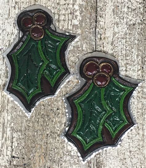 Leather And Aluminum Hand Tooled Holly Pin Christmas