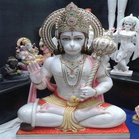 Smvdk Handicraft Golden Gold Plated White Marble Hanuman Ji Statue