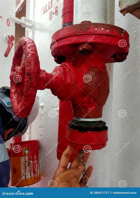 Fire Hydrant On Board Cargo Ship For Fire Emergency Fire Pump Safety First For Drill Stock Image